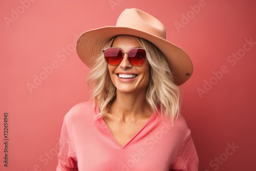 Portrait of beautiful young blonde woman in hat and sunglasses on pink background