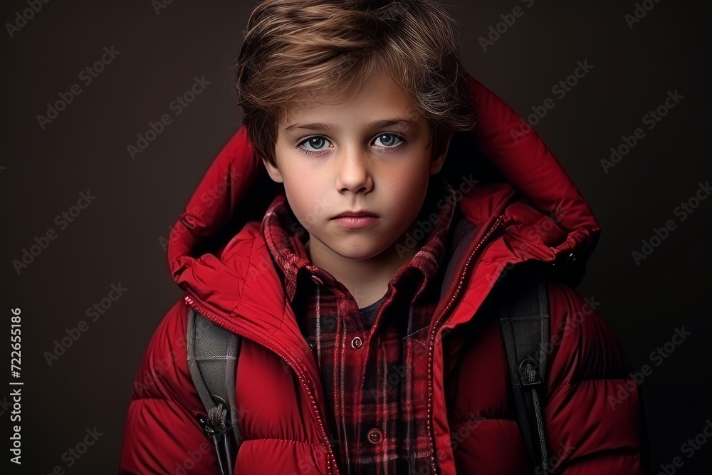 Portrait of a beautiful young boy in a red jacket. Studio shot. Portrait of a beautiful young boy in a red jacket. Studio shot.