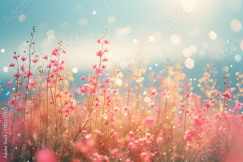 A Beautiful Pink Field of Flowers with a Sunlit Background