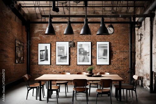 An industrial-chic dining area with  brick walls and a blank frame amidst industrial art pieces.