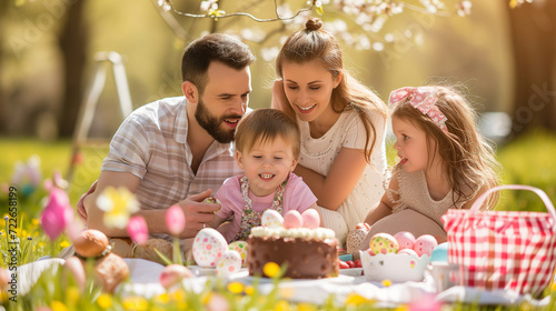 easter picnic with family and chocolate cake