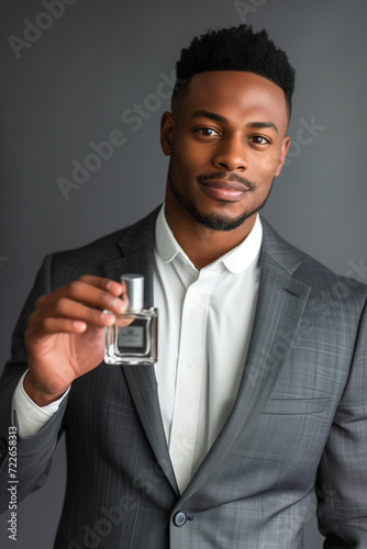 product photo of confident man with perfume bottle 