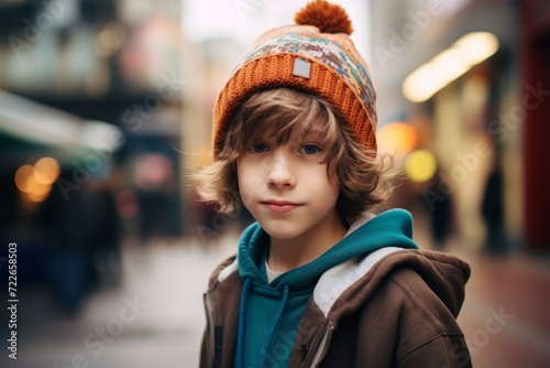 Portrait of a boy in a warm hat on the background of the city