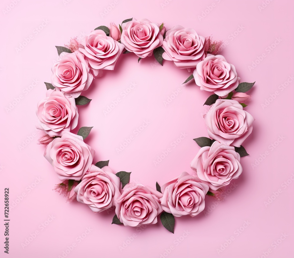 A circular arrangement of roses, beautiful, elegant, aesthetic with a pink background
