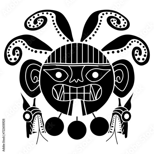 Tribal ethnic mask. Stylized octopus. Round face with spiral tentacles. Native American design of Moche Indians from ancient Peru. Black and white silhouette.