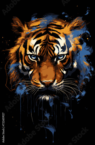 Untamed Essence: A Tiger's Stare Amidst a Splash of Darkness. The Spirit of the Jungle in Bold Brushstrokes. © Kordiush
