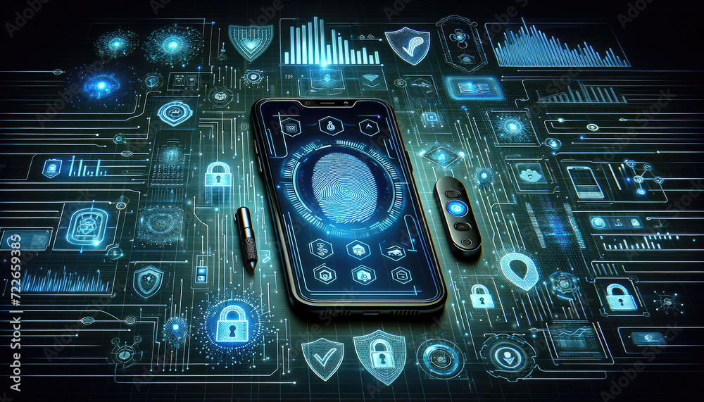 Fototapeta premium Smartphone displaying a digital padlock with futuristic holographic security interface, emphasizing advanced data protection.