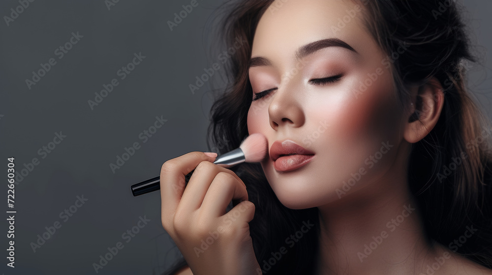 Fototapeta premium Makeup artist applies Makeup artist applies applies powder and blush . Beautiful Asian Woman face. Hand of make-up master puts blush on cheeks beauty model girl . Make up in process . Beautiful woman