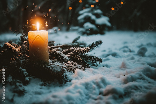 Burning candle in the snow. Christmas and New Year background. © Jioo7