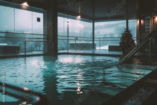 Swimming pool in a hotel with a Christmas tree in the background © Jioo7