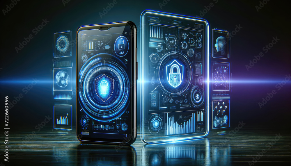 Smartphone displaying a digital padlock with futuristic holographic security interface, emphasizing advanced data protection. Smartphone displaying a digital padlock with futuristic holographic security interface, emphasizing advanced data protection.