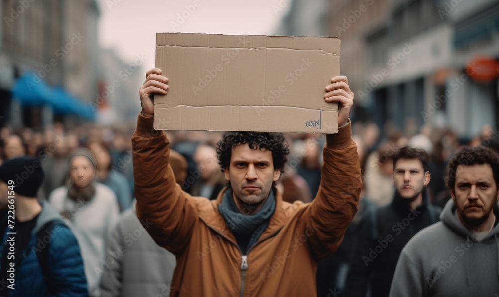 Photo of a man in a protest holding a cardboard sign.