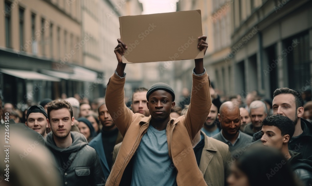 Photo of a man in a protest holding a cardboard sign.