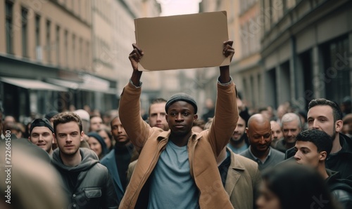 Obraz na płótnie Photo of a man in a protest holding a cardboard sign. w salonie