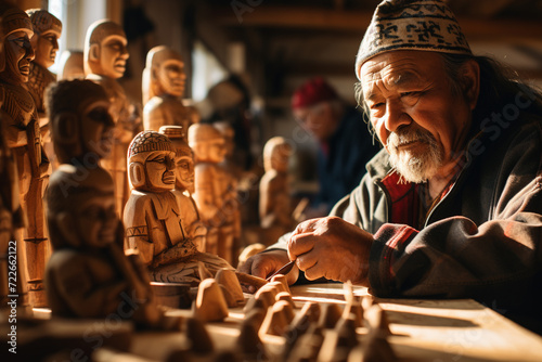 smiling woman man with Totems play a crucial role in storytelling and cultural preservation as they symbolize rich history and wisdom of Indigenous cultures through their carved figures