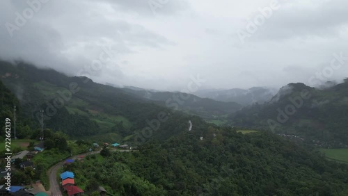Mae hong son province, Thailand.Aerial View,Village,Drone,Drone Point of View,Nature,Non-Urban Scene,The Village People,Indigenous Peoples,Rural Scene,Landscape - Scenery,Scenics - Nature,Fog,Mae Hong