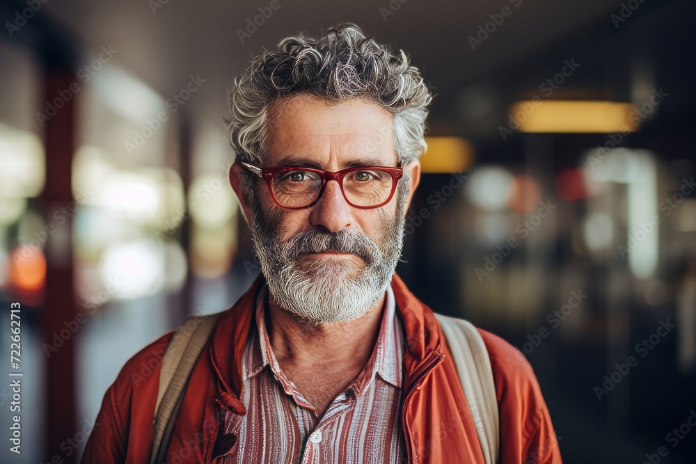 Portrait of senior man with beard and eyeglasses in the city
