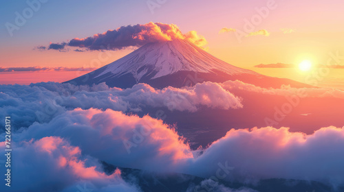 Mount Fuji at golden hour, evening light illuminating the clouds around the peak, orange and pink sky, AI generated Images photo