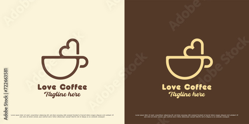 Coffee love logo design illustration. Simple line silhouette drink cafe restaurant coffee shop heart aroma mocha business chocolate cappuccino cup mug. Delicious warm geometric simple icon symbol. photo