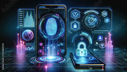 Smartphone displaying a digital padlock with futuristic holographic security interface, emphasizing advanced data protection.