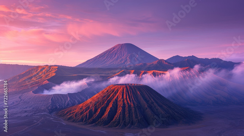 View of Mount Bromo in the early morning, a sea of thick fog surrounding the mountain, the rising sun emitting golden light behind the volcano, Ai Generated Images photo
