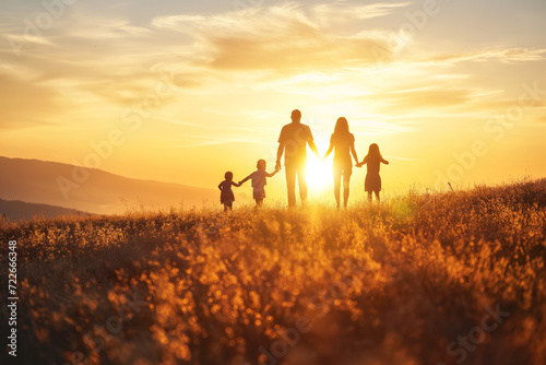 Happy family walking in fields at sunset in nature photo