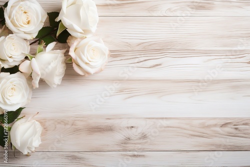 beautiful white roses on a wooden patterned background