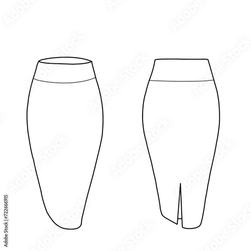 Fashion flat illustration of a high waist. Skirt fashion flat sketch template, front and back view. Vector illustration technical CAD drawing template.