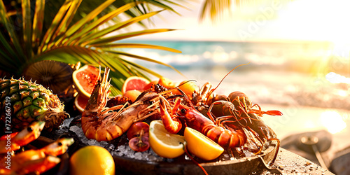 A coocked group of lobsters  on the beach | Enjoying delicious seafood and tropical cocktails | beachside barbecue with a table laden with fresh seafood and tropical fruits photo