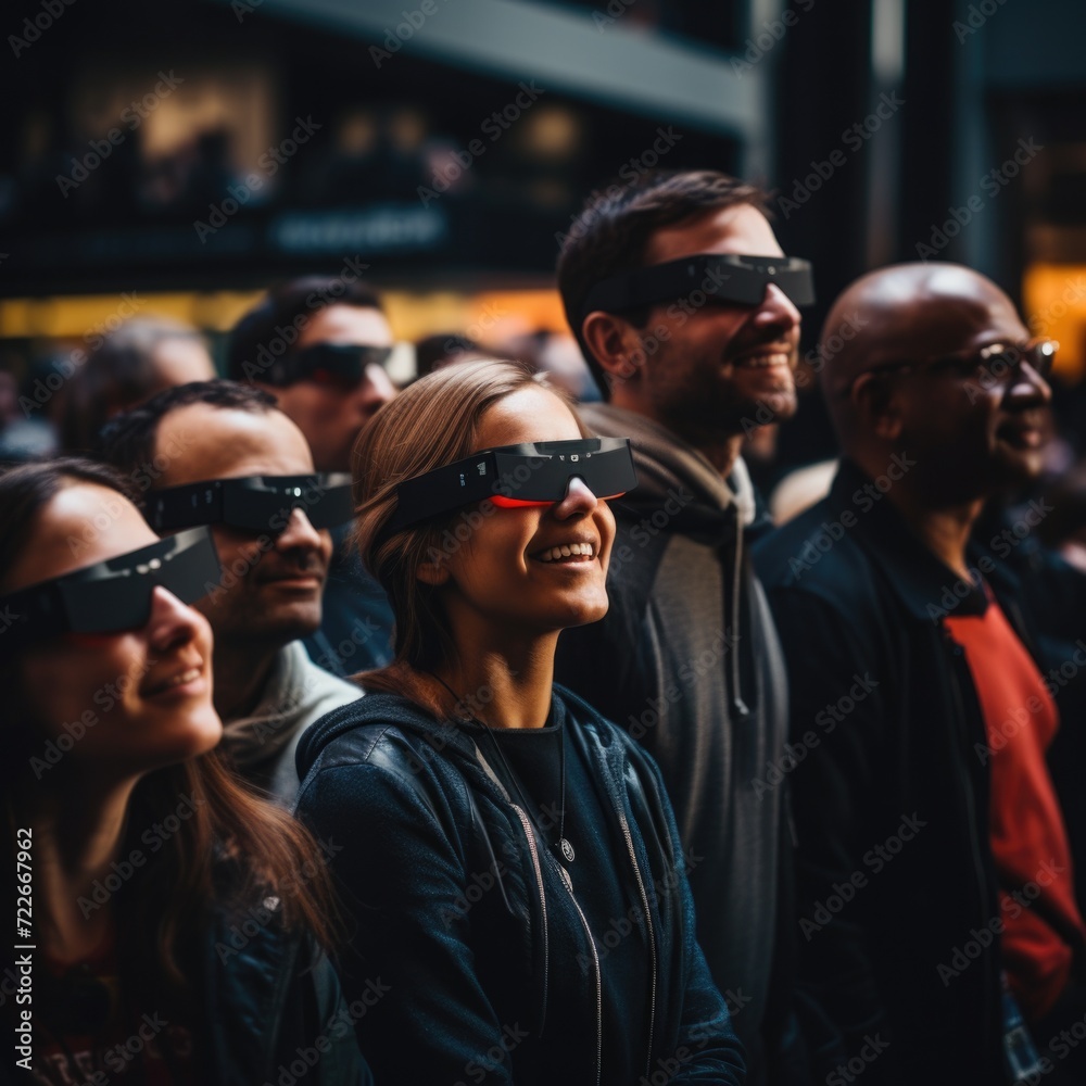 A group of people wearing blindfolds in a crowd. Generative AI. A group of people wearing blindfolds in a crowd. Generative AI.