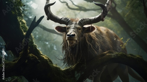 A large horned animal standing in the middle of a forest. Generative AI.