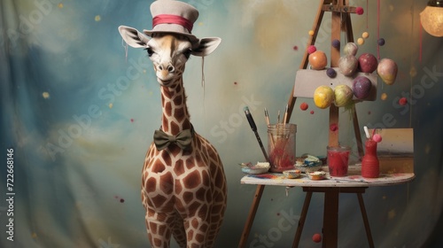 A giraffe wearing a top hat standing next to a easel. Generative AI.