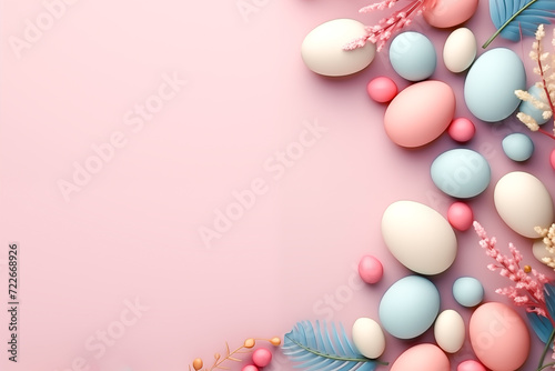 Easter holiday background with eggs and flowers. Easter template, mockup, with copy space for text.