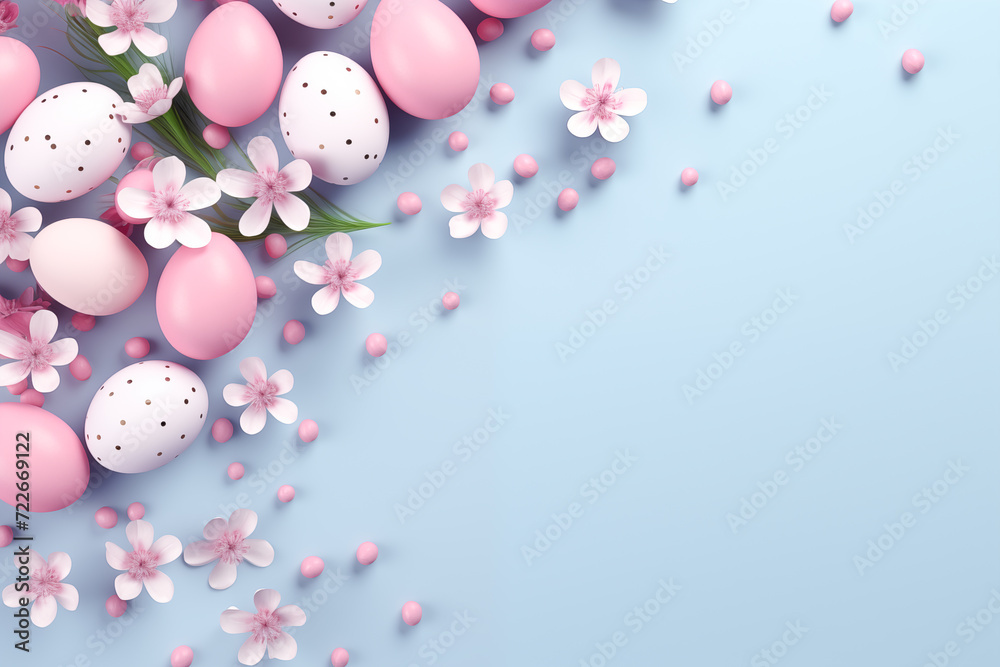 Easter holiday background with eggs and flowers. Easter template, mockup, with copy space for text. Easter holiday background with eggs and flowers. Easter template, mockup, with copy space for text.