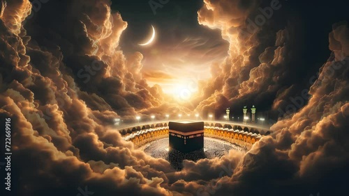 The Ramadan Crescent rises in the Kaaba. Seamless looping 4K video animation background photo