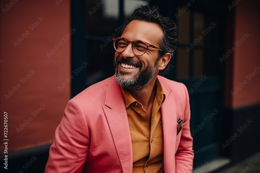 Portrait of a handsome man in glasses and a pink suit. Portrait of a handsome man in glasses and a pink suit.