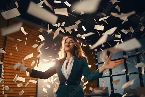 moment of triumph for a successful woman. Surrounded by swirling papers, she stands in an office setting