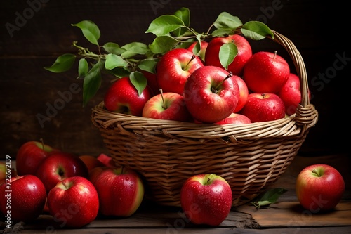 Ripe red apples in a wicker basket on a wooden background