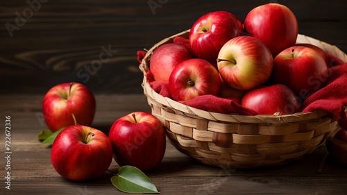 Fresh red apples in a basket on a wooden background