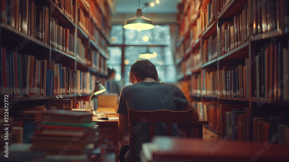 Student Studying in Library at Night A photographic style image of a serene library corner, a student deeply focused on their notes, surrounded by towering bookshelves Student Studying in Library at Night A photographic style image of a serene library corner, a student deeply focused on their notes, surrounded by towering bookshelves