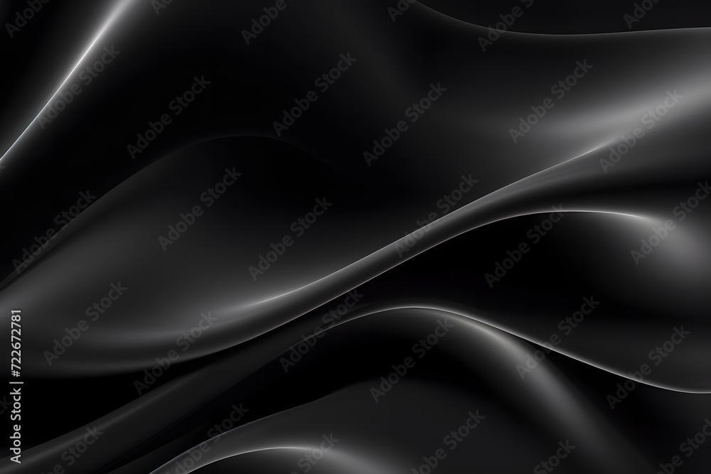 Abstract freeform fabric or cloth curved or wave chrome dark black. Smooth, flowing wrinkled fabric pattern. Copy space. Soft Focus. Glossy surface reflects light or reflection. - obrazy, fototapety, plakaty 