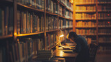 Student Studying in Library at Night A photographic style image of a serene library corner, a student deeply focused on their notes, surrounded by towering bookshelves