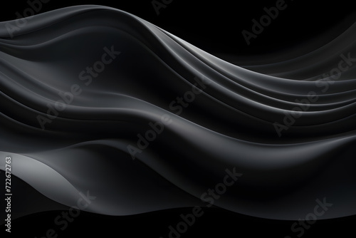 Abstract freeform fabric or cloth curved or wave chrome dark black background. Smooth, flowing wrinkled fabric pattern. Soft Focus. Glossy surface reflects light or reflection.