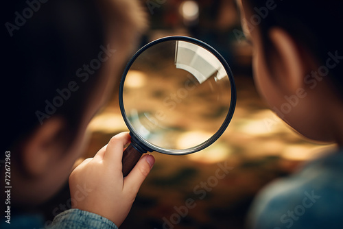 Children detective looking magnifying glass in hand on garden. Learning experience. boy studying of surroundings or biology. Imagination and inspiration. Copy space. Soft focus and blurred background. #722672963