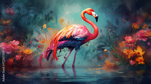flamingo in the water colorful splash