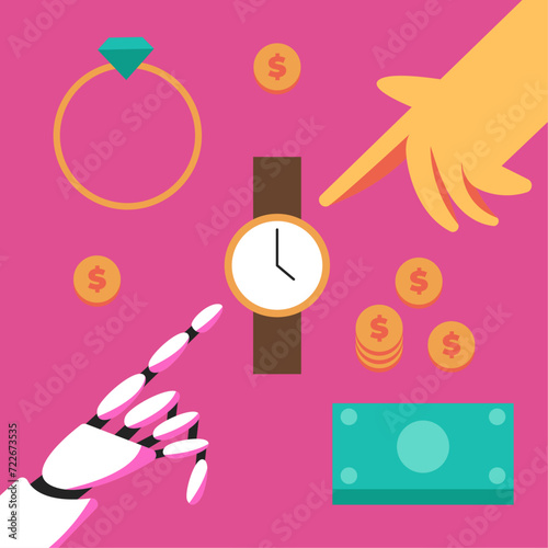 Online Pawnshop. Artificial intelligence works in a pawn shop. Flat vector illustration.