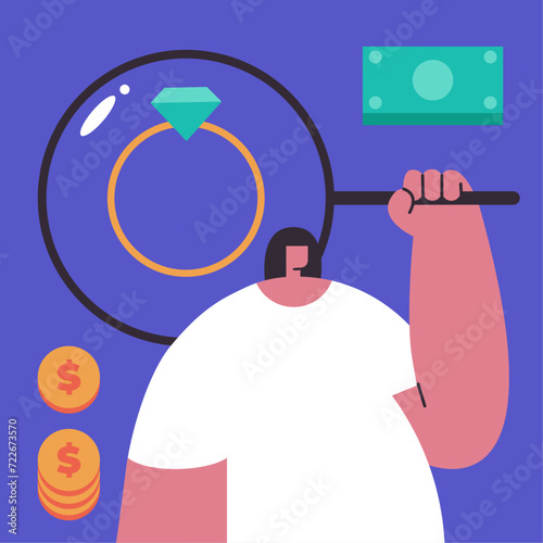 Sell and buy at Pawnshop. Girl evaluates the cost of Jewelry at a pawnshop. Flat vector illustration.