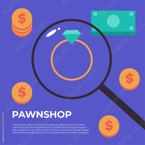 Sell and buy at Pawnshop. Flat banner vector illustration.