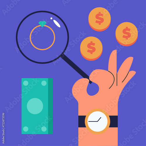 Pawnshop worker estimates the cost of the jewelry. Flat vector illustration.