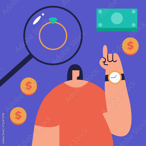 Pawnshop. Girl returned the watch from the pawnshop. Flat vector illustration.